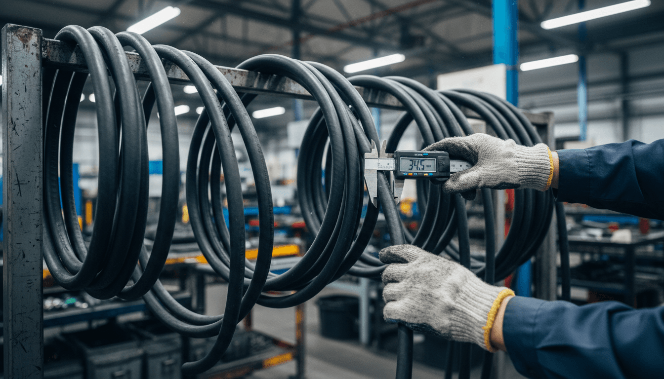 Assorted hydraulic hoses and industrial hoses on steel racking in warehouse