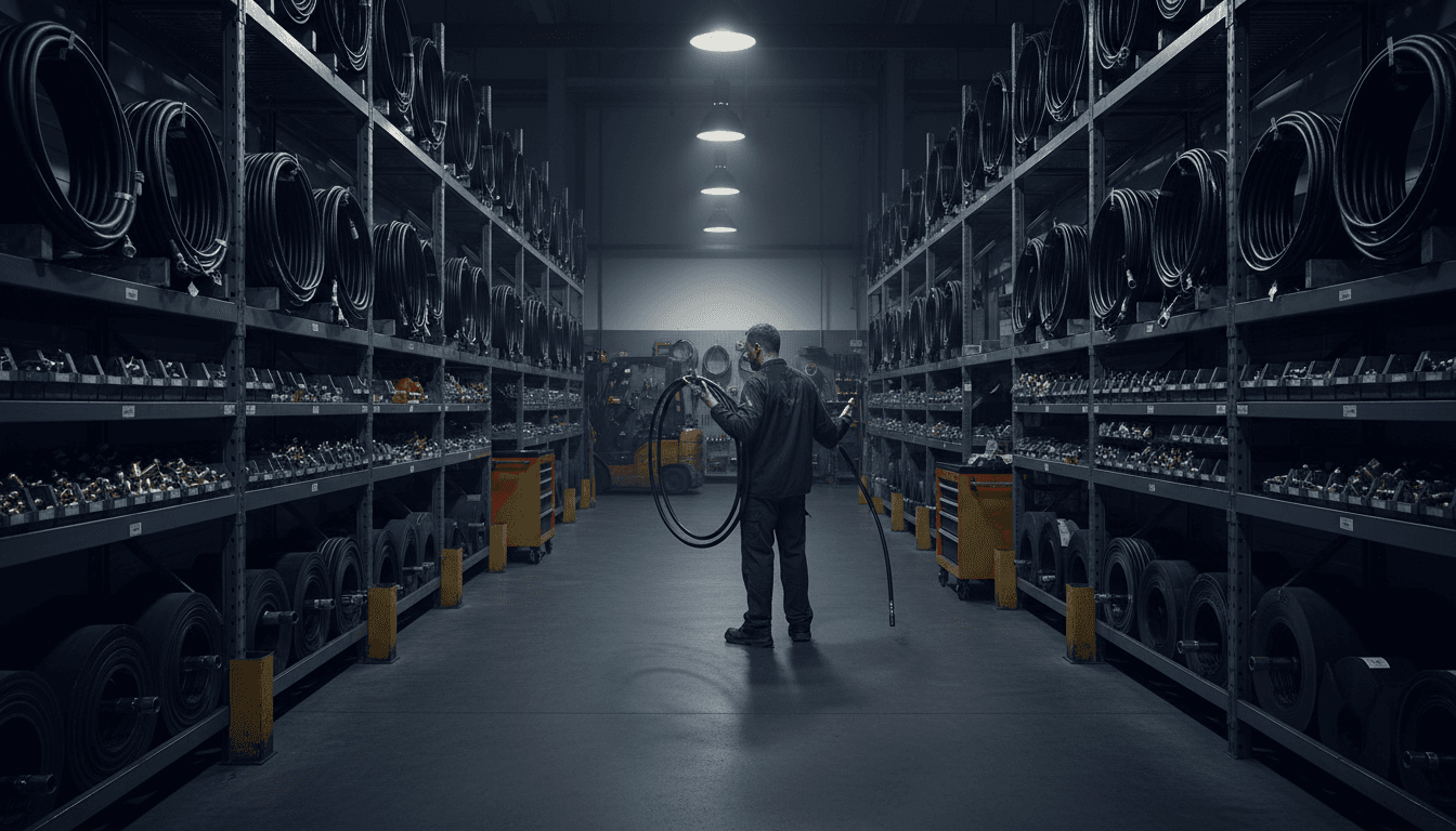 Technician examining hydraulic hoses in a warehouse
