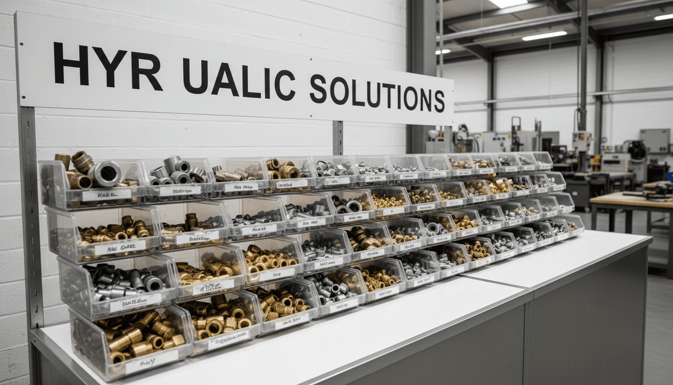 Display of hydraulic fittings in organized bins at the supply counter