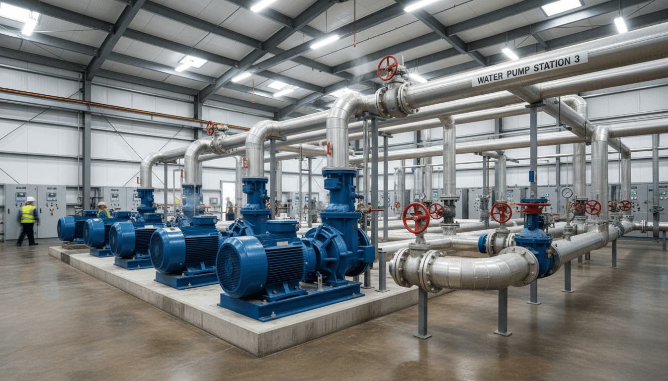 industrial water pump system with pipes and valves in facility