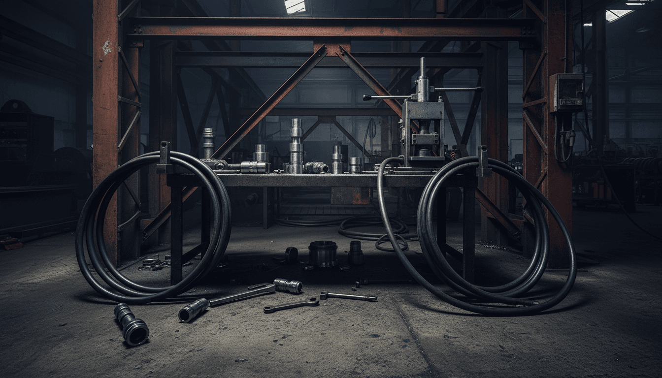 Hydraulic hoses and fittings displayed in an industrial workshop