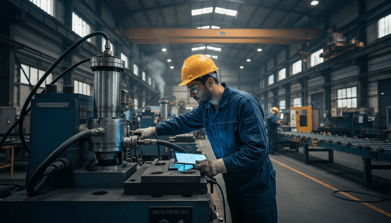 Industrial worker inspecting hydraulic machinery in a factory