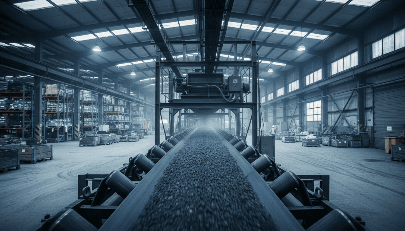 Industrial conveyor belt transporting bulk material in a warehouse