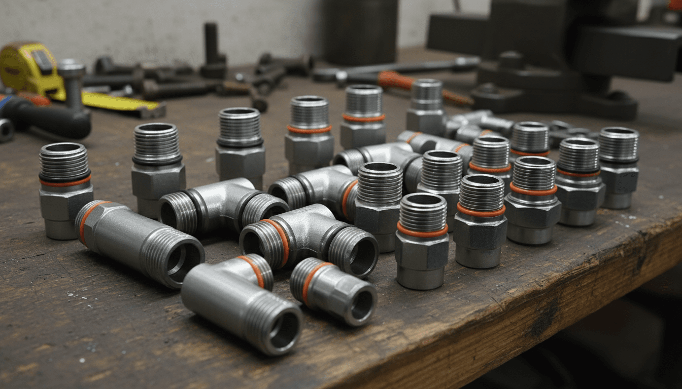 Industrial documentary aesthetic close-up of a set of assorted steel hydraulic fittings neatly arranged on a workbench, with threads and O-rings clearly visible