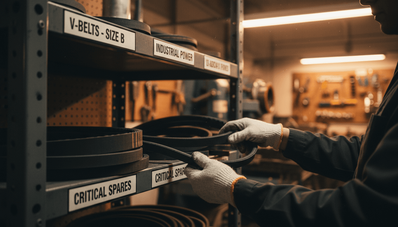 Technician selecting an automotive belt from a stocked shelf
