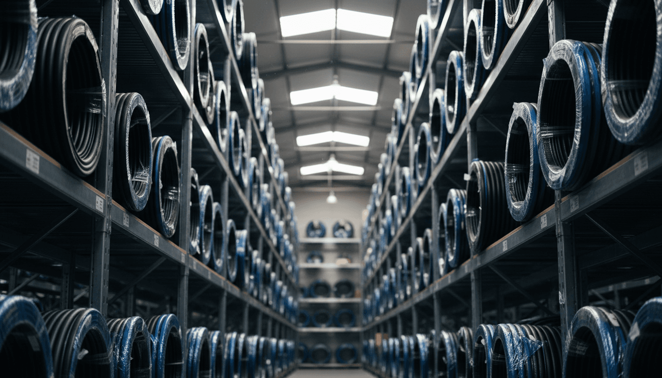 Warehouse rack stocked with rolls of hydraulic hose in Spanish Town