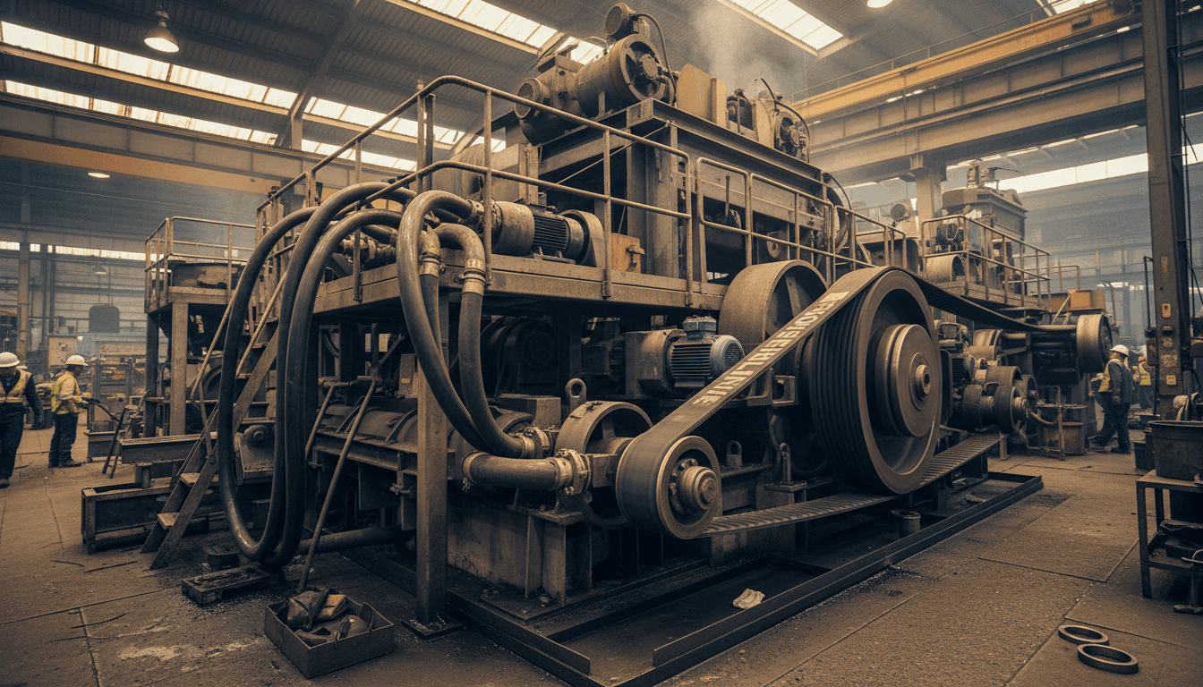 Heavy duty industrial hoses and belts on factory machinery