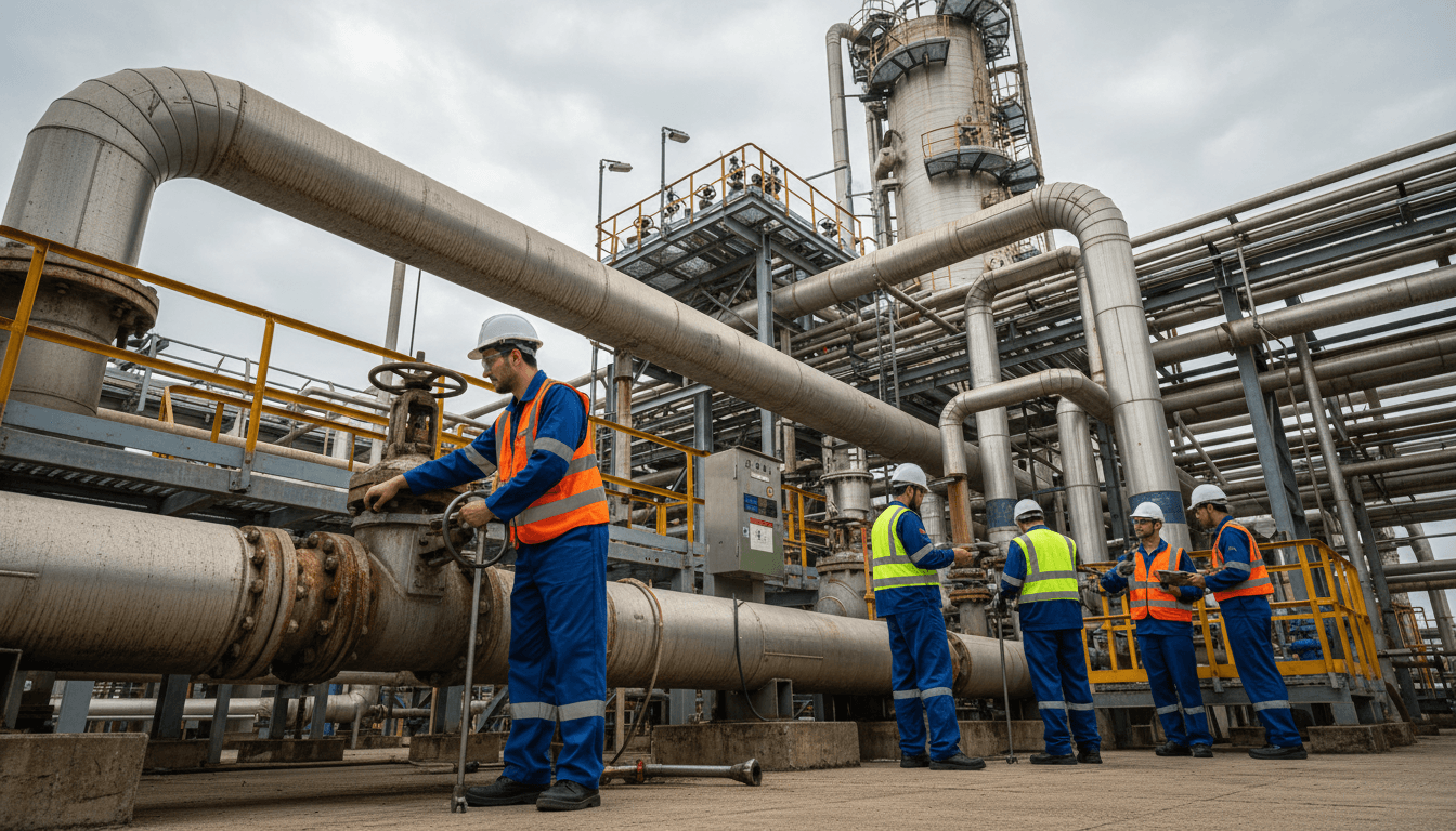 Skilled technicians in safety gear working on large industrial piping and equipment at petrochemical facility
