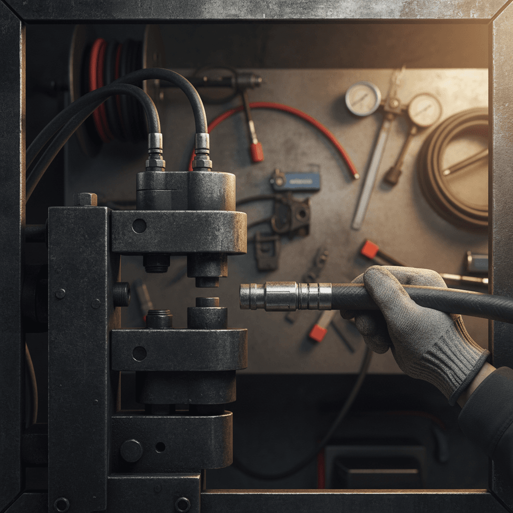 Technician fitting a hydraulic hose assembly by hand