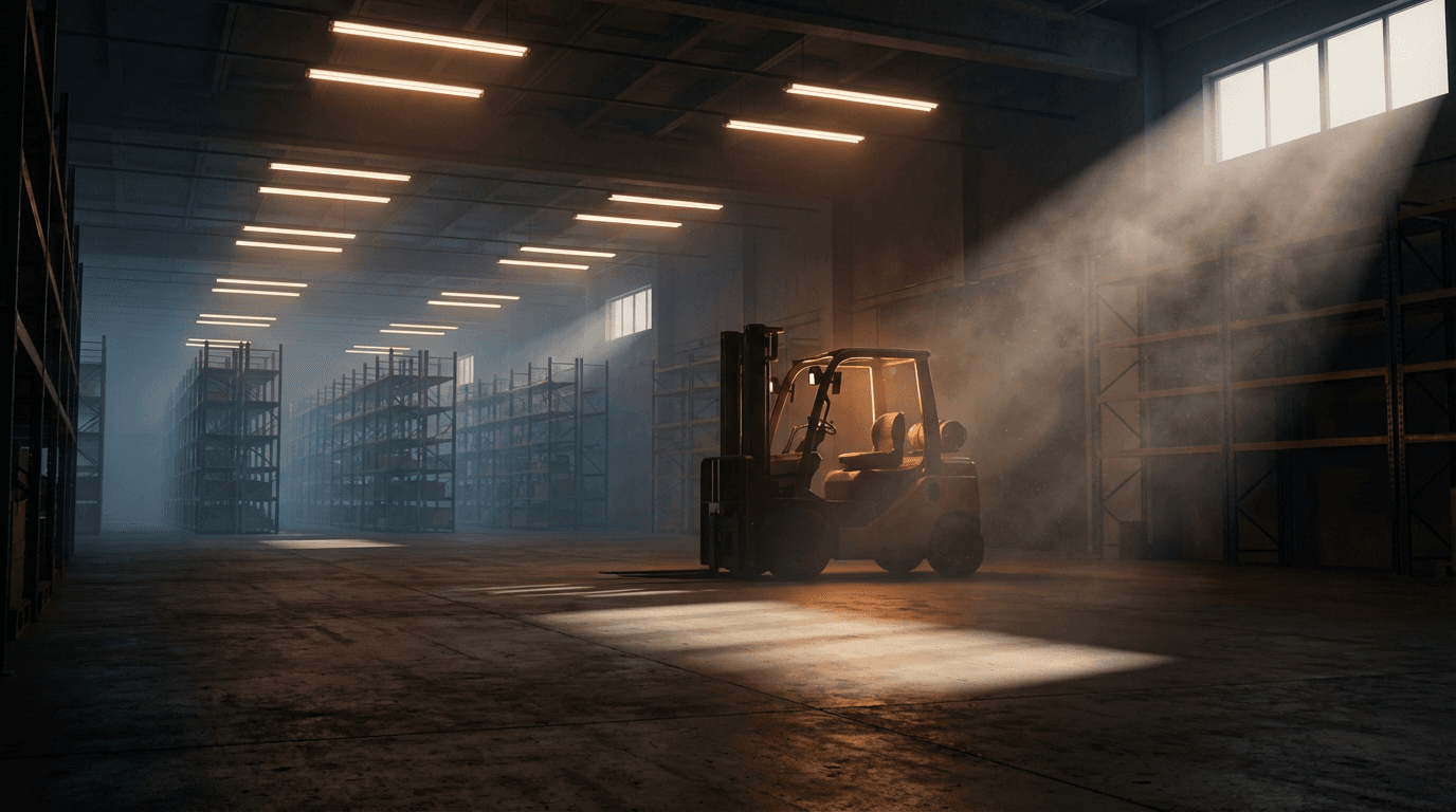 Warehouse shelves stocked with hydraulic hoses and industrial belts in dramatic light