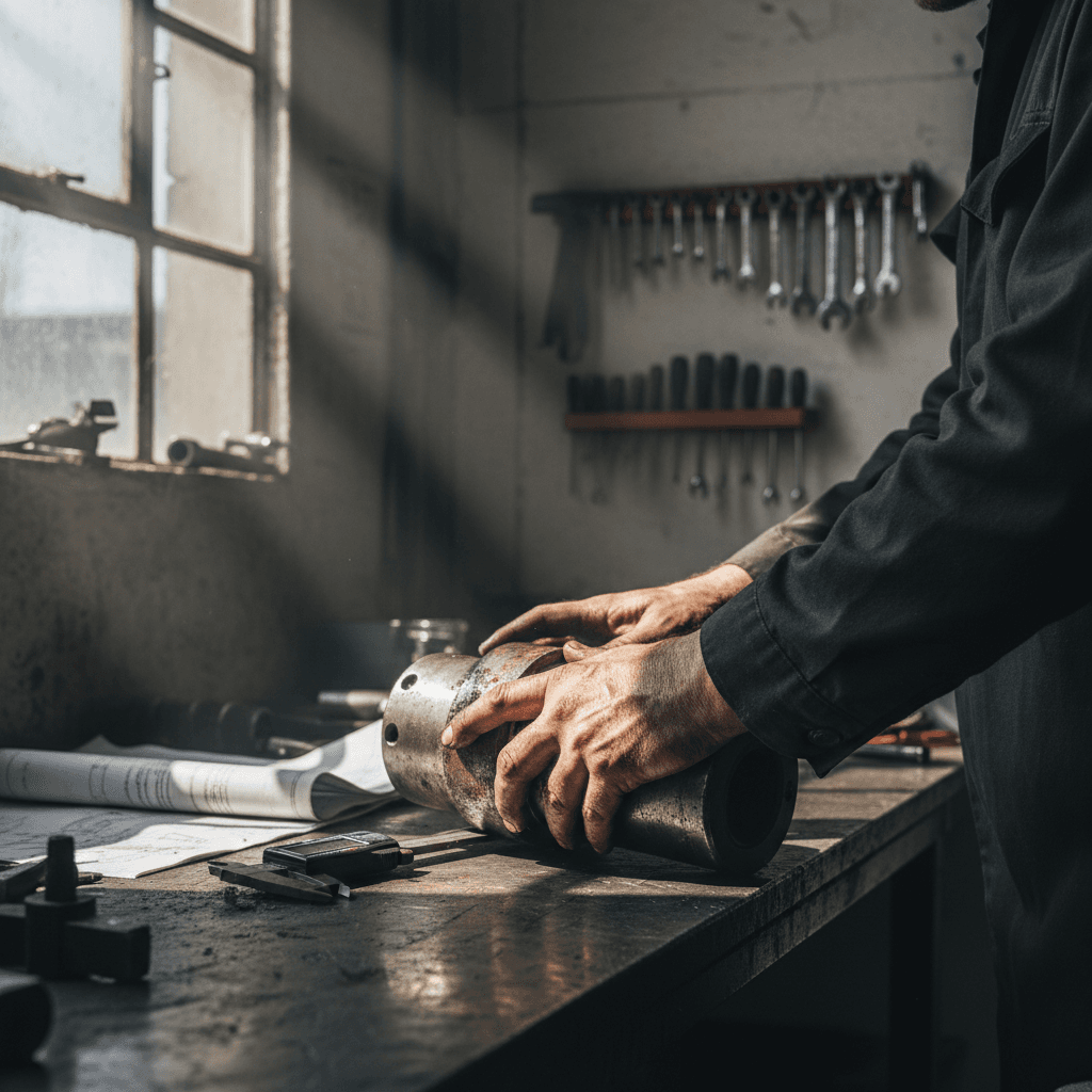 Technician inspecting a hydraulic hose assembly in an industrial supply warehouse