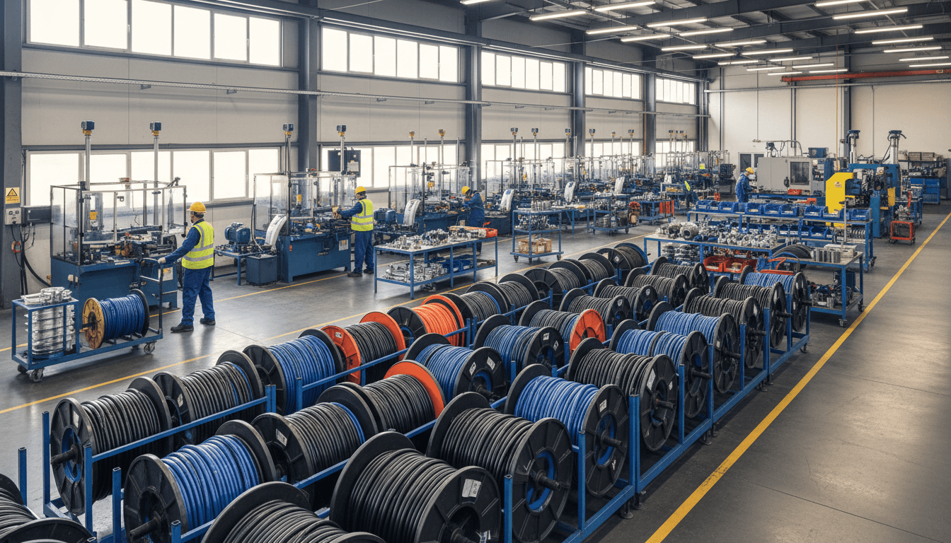 Technician inspecting coiled hydraulic hoses in an industrial supply warehouse